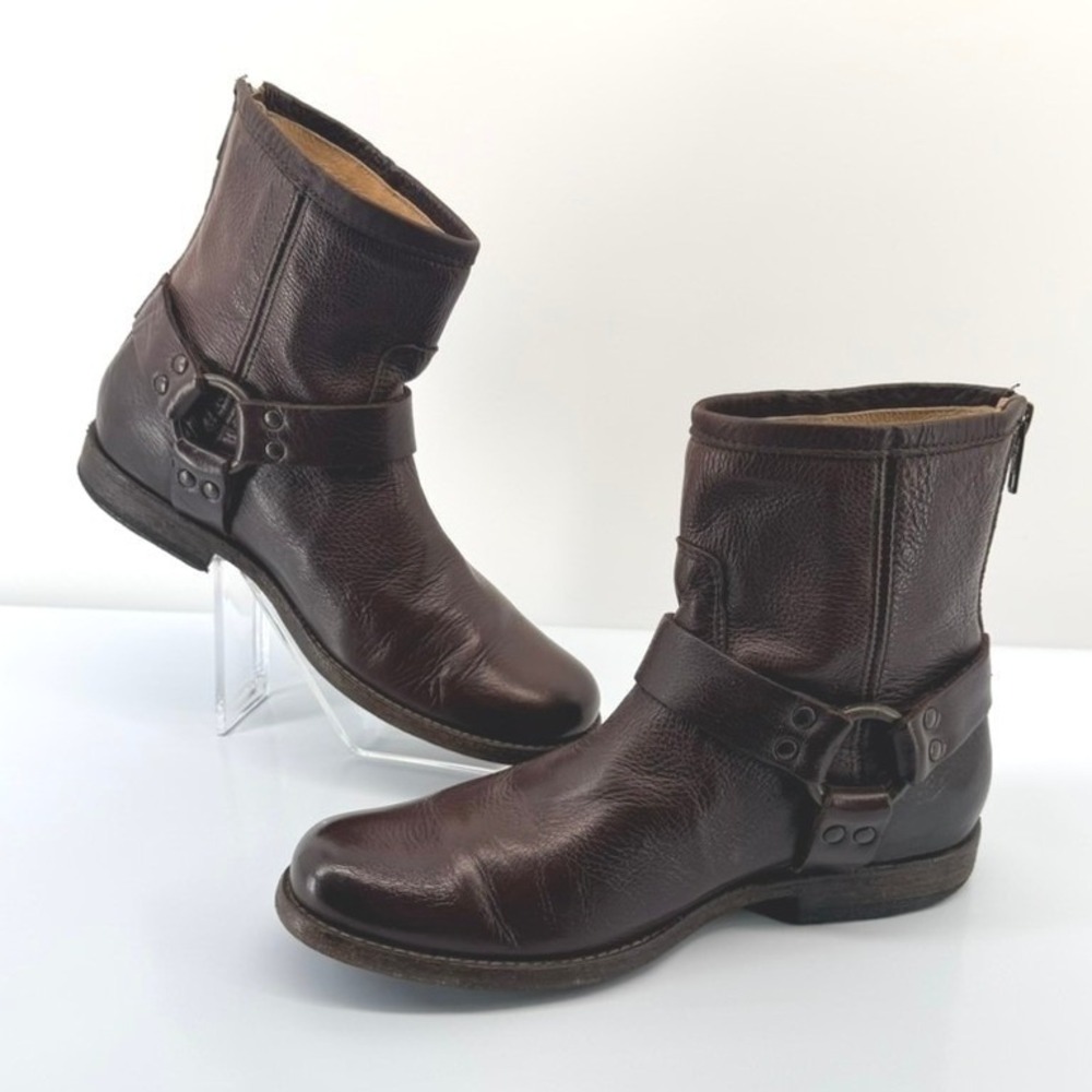 FRYE Phillip Harness Ankle Boots Dark Brown Leather 7.5B 3476870 NWOB